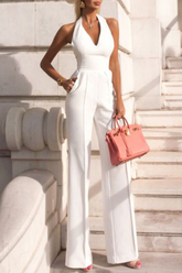 White Slim Fit Halter V-Neck Jumpsuit High-Waist Daily Women's Jump Suit